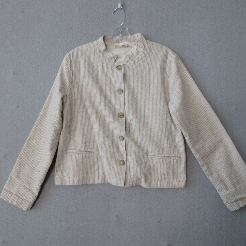 Poetry Hemp Stripe Beige Mandarin Collar Boxy Jacket Top